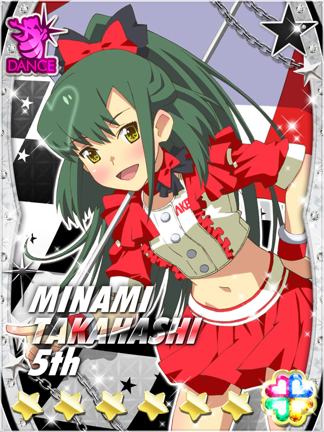 1girl :d akb0048 bow card_(medium) character_name checkered_background crop_top green_hair hair_bow heart high_ponytail holding holding_umbrella leaning_forward long_hair looking_at_viewer midriff miniskirt navel non-web_source official_art open_mouth parasol pleated_skirt ponytail race_queen red_bow red_skirt single_sleeve_past_elbow skirt smile solo sparkle standing star_(symbol) takahashi_minami_(akb0048) three_quarter_view umbrella wristband yellow_eyes
