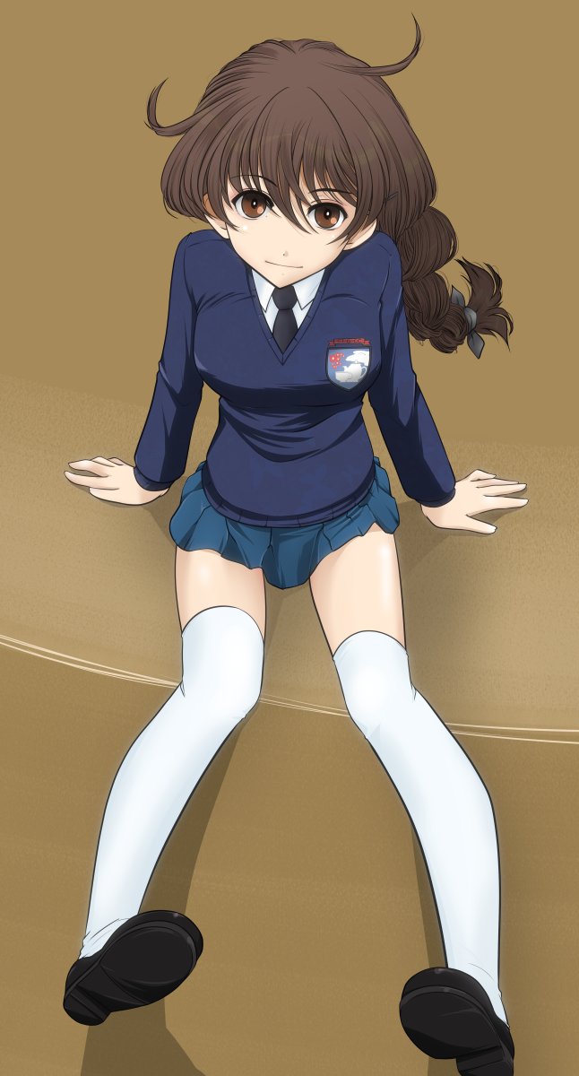 1girl adapted_costume alternate_legwear black_necktie black_ribbon black_shoes blue_skirt blue_sweater breasts brown_eyes brown_hair collared_shirt emblem girls_und_panzer hair_ribbon hands_on_ground highres light_smile long_braid long_hair looking_at_viewer miniskirt necktie on_ground pleated_skirt ribbon rukuriri_(girls_und_panzer) rukuriritea school_uniform shirt shoes sitting skirt st._gloriana&#039;s_(emblem) st._gloriana&#039;s_school_uniform sweater thighhighs white_shirt white_thighhighs