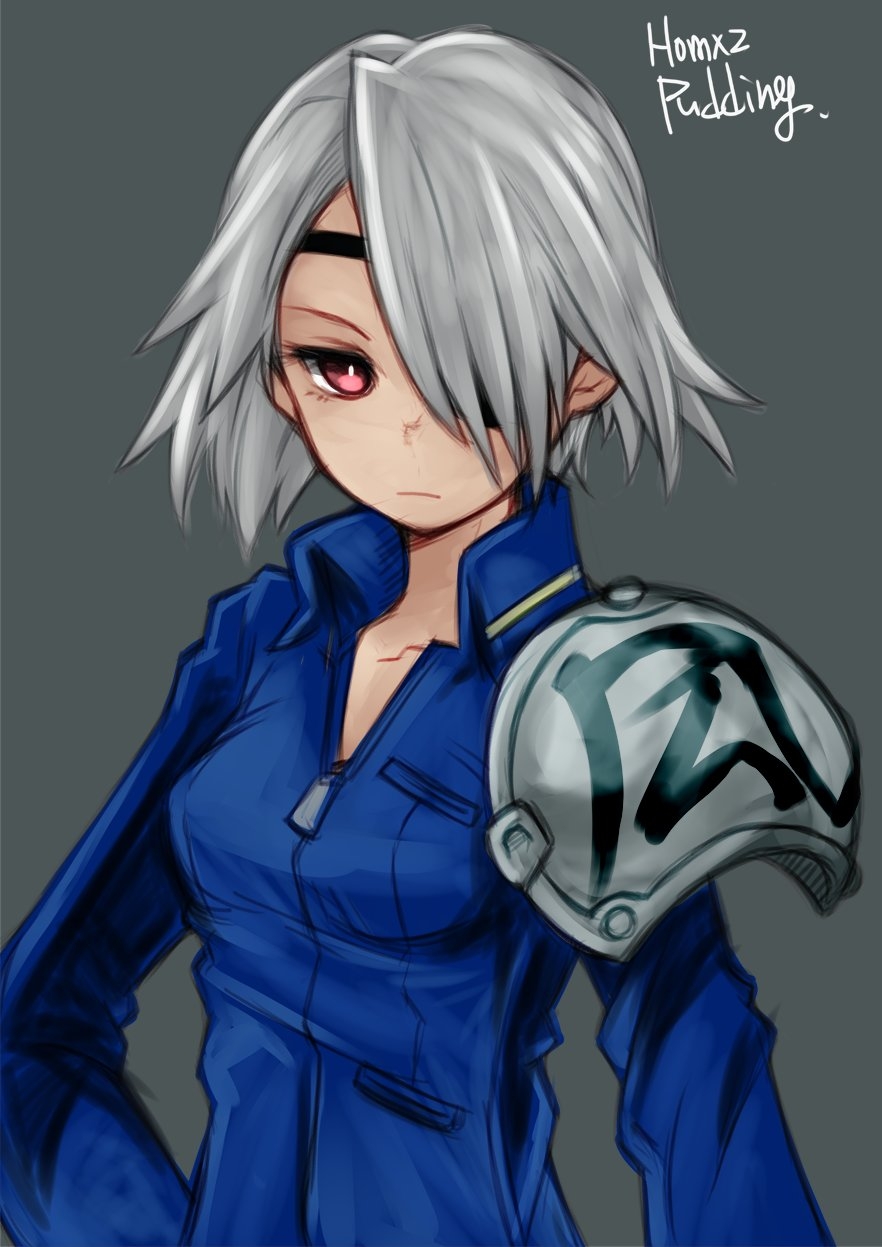 1girl armor breasts closed_mouth eyepatch final_fantasy final_fantasy_viii fuujin_(ff8) grey_hair hair_over_one_eye highres puddinghomhom red_eyes short_hair shoulder_armor simple_background small_breasts solo zipper_pull_tab