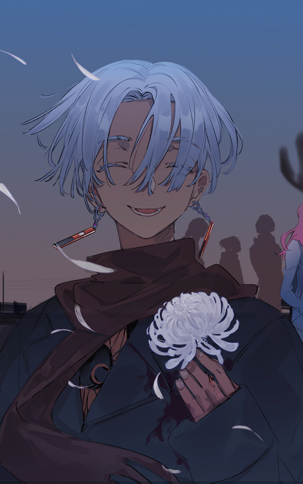 2boys 3others ^_^ black_jacket brown_neckwear closed_eyes dark-skinned_male dark_skin earrings eyes_visible_through_hair facing_viewer food hand_up holding holding_food jacket jewelry kurokawa_izana long_sleeves male_focus multiple_boys multiple_others open_mouth out_of_frame sanzu_haruchiyo scarf short_hair sleeves_past_wrists smile solo_focus suou_(sdurorhr) tokyo_revengers upper_body white_hair