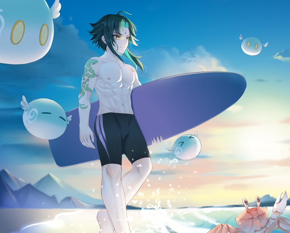 1boy abs anemo_slime_(genshin_impact) anjingxiang aqua_hair arm_tattoo beach black_hair black_male_swimwear closed_mouth crab facial_mark forehead_mark genshin_impact green_hair male_focus male_swimwear multicolored_hair muscular muscular_male navel nipples ocean short_hair slime_(genshin_impact) solo stomach tattoo topless_male xiao_(genshin_impact) yellow_eyes
