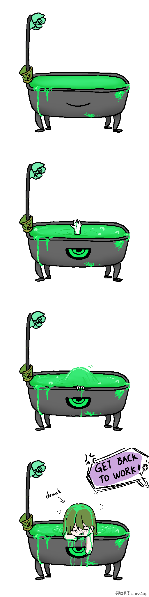 1boy ambiguous_green_liquid anger_vein armband bare_arms bathtub bloodbath_(project_moon) blush borderless_panels closed_eyes completely_nude drooling drunk english_text enkephalin_(project_moon) green_hair highres jaggy_lines lobotomy_corporation long_hair long_image male_focus netzach_(project_moon) nude ori_oriio project_moon smile squeans tall_image unworn_armband
