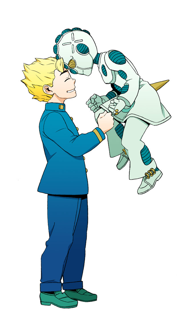 1boy blonde_hair clenched_hands echoes_(stand) echoes_act3 closed_eyes forehead-to-forehead from_side full_body gakuran heads_together hirose_koichi jojo_no_kimyou_na_bouken male_focus mikey_uo revision school_uniform smile stand_(jojo)