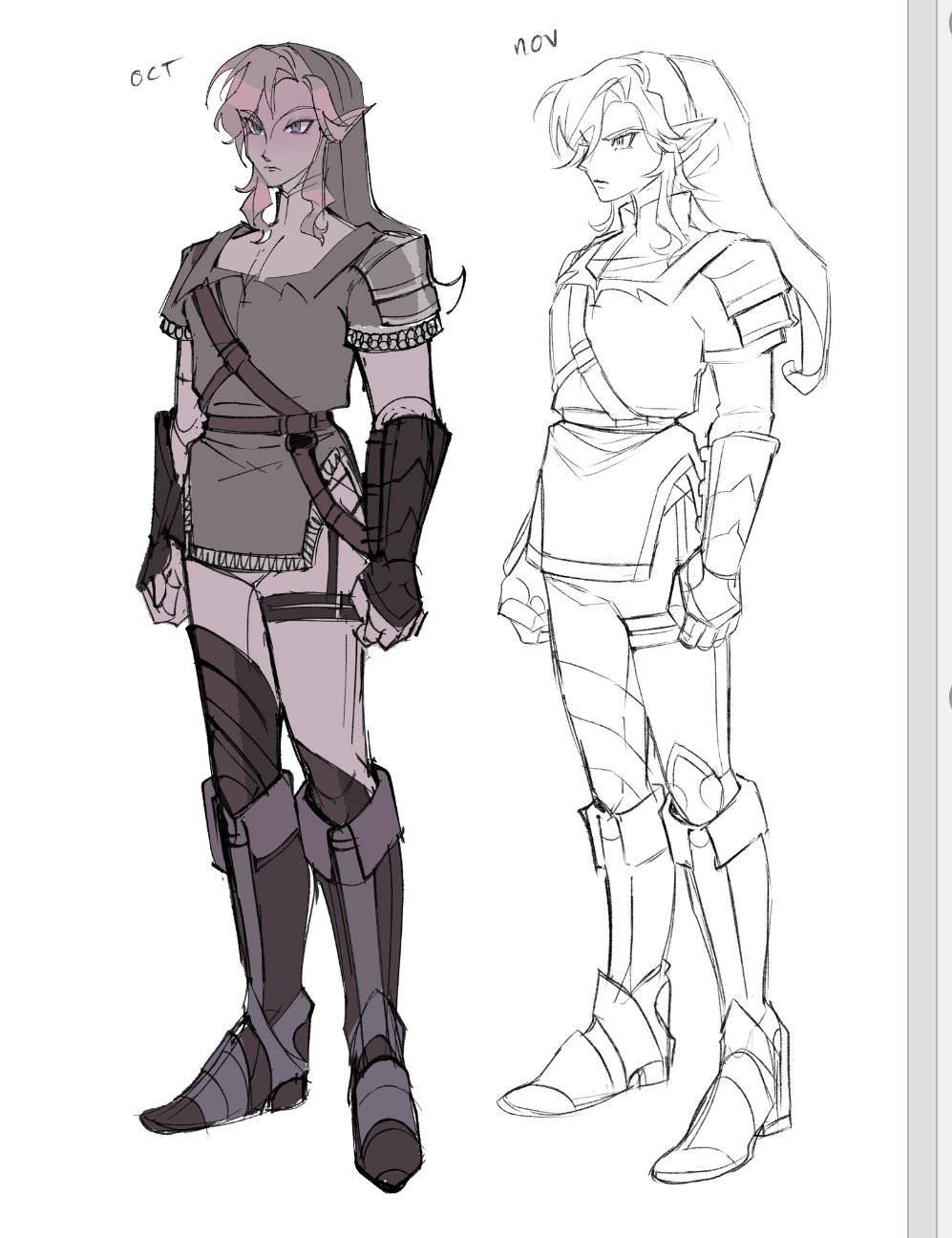 1boy armor armored_boots blonde_hair boots chainmail full_body green_hat green_tunic hat highres lemolunes link male_focus medium_hair nintendo november october pants phrygian_cap pointy_ears shoulder_armor sketch solo the_legend_of_zelda tunic vambraces white_background white_pants