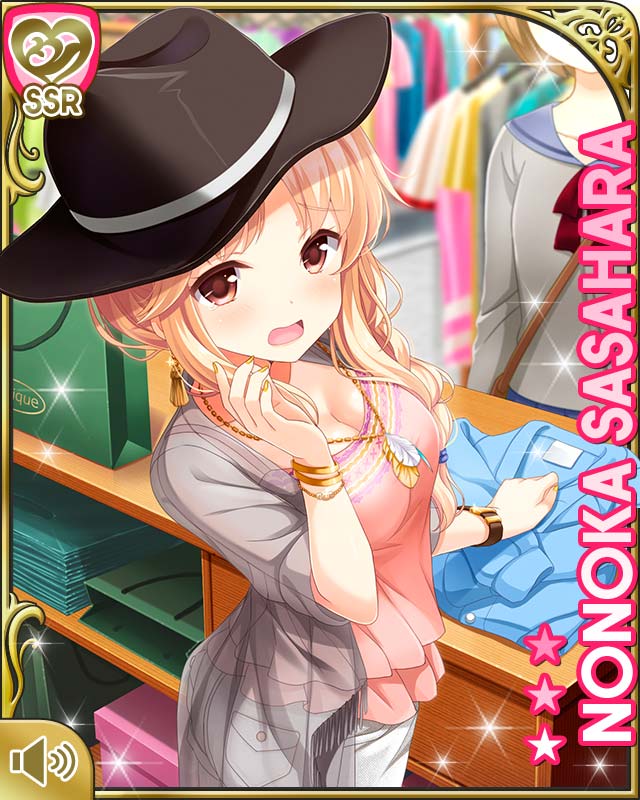 2girls :o bow breasts brown_eyes card_(medium) cash_register day girlfriend_(kari) grey_jacket indoors jacket large_breasts light_brown_hair long_hair looking_at_viewer multiple_girls official_art open_mouth pink_shirt qp:flapper sasahara_nonoka shirt shorts standing store tagme white_shorts