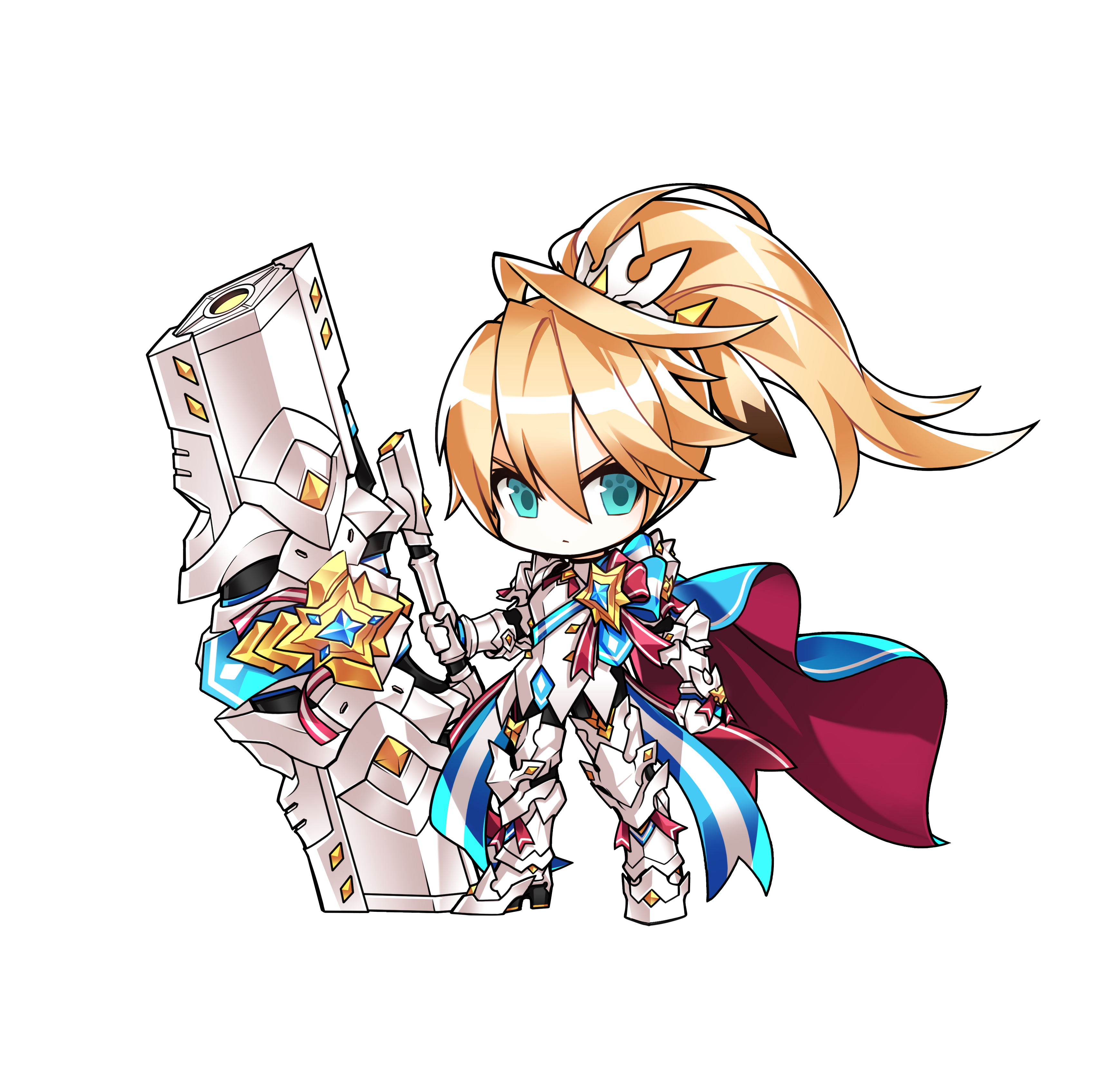1boy absurdres ahoge animal_ears aqua_eyes armor armored_boots back_bow blonde_hair blue_bow blue_bowtie blue_cape blue_sash boots bow bowtie cape chibi chung_seiker clenched_hand closed_mouth determined elsword eyelashes floating_cape floating_hair full_armor game_cg gauntlets hair_between_eyes high_heel_boots high_heels high_ponytail highres holding_cannon huge_weapon hwansang knee_boots knee_pads light_frown long_hair looking_at_viewer male_focus medal official_art ponytail red_bow red_bowtie red_cape sash second-party_source single_stripe solo standing striped_bow tachi-e tiara transparent_background tsurime two-sided_cape two-sided_fabric v-shaped_eyebrows weapon white_boots white_tiara wind