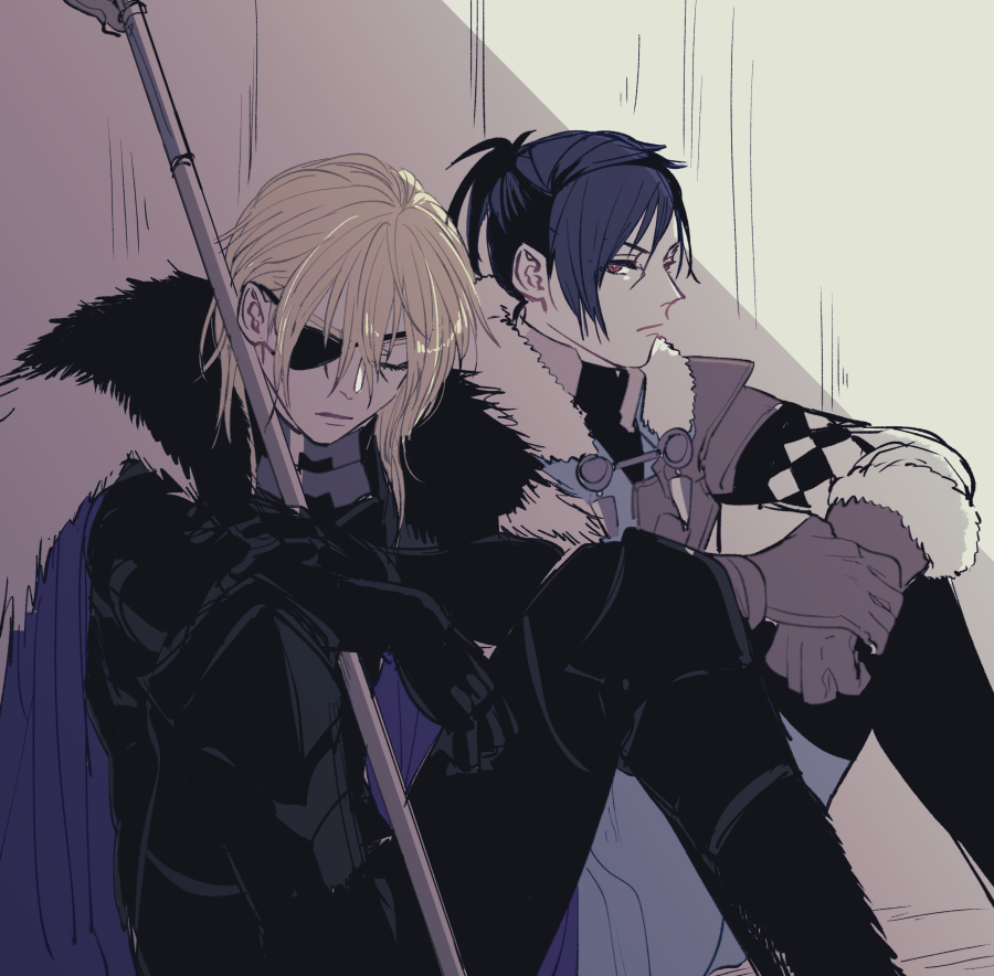 2boys areadbhar_(fire_emblem) arm_on_knee armor black_armor black_fur black_hair blonde_hair blue_cape blue_tunic brown_gloves cape closed_eyes closed_mouth commentary_request dimitri_alexandre_blaiddyd dimitri_alexandre_blaiddyd_(timeskip) emushino eyepatch felix_hugo_fraldarius felix_hugo_fraldarius_(timeskip) fire_emblem fire_emblem:_three_houses fur-trimmed_collar fur-trimmed_gloves fur_trim gloves hair_between_eyes hand_on_own_wrist holding holding_polearm holding_weapon knees_up looking_at_another looking_to_the_side male_focus medium_hair multiple_boys nintendo one_eye_covered orange_eyes polearm side-by-side sitting tassel tunic weapon white_fur