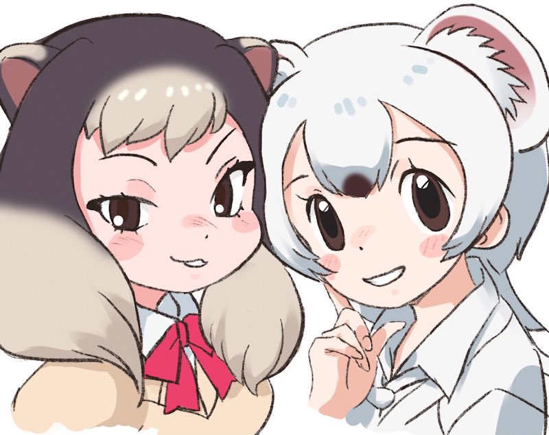 2girls alpine_marmot_(kemono_friends) animal_ears beige_sweater blush bow bowtie brown_hair close-up collared_shirt commentary_request extra_ears ieinu_account jacket kemono_friends light_brown_hair looking_at_viewer multicolored_hair multiple_girls necktie nose_blush red_neckwear shirt short_hair squirrel_ears squirrel_girl stoat_(kemono_friends) stoat_girl weasel_ears white_hair white_jacket white_neckwear white_shirt
