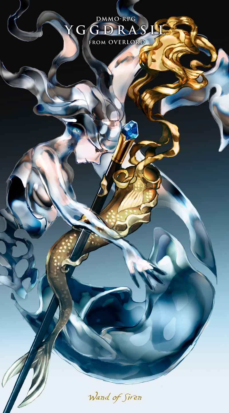 1girl black_background blue_background blue_gemstone cane floating_hair gem highres horocca mermaid monster_girl overlord_(maruyama) scales two-tone_background ulbert_alain_odle