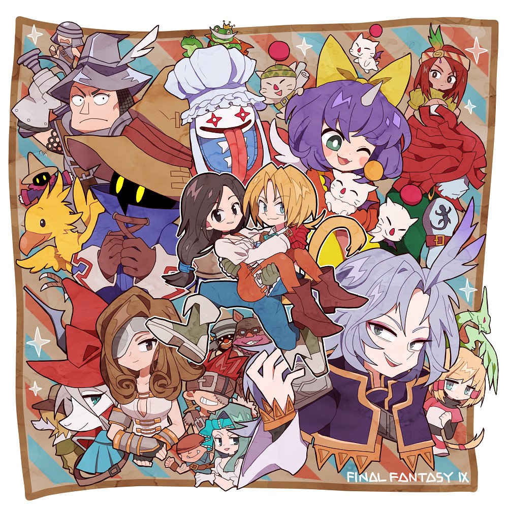 adelbert_steiner beatrix_(ff9) black_hair black_mage_(final_fantasy) blonde_hair blue_coat blue_eyes blue_pants bodysuit boots bow breasts brown_footwear brown_gloves brown_hair burmecian carrying character_request chef_hat chocobo coat curly_hair eiko_carol eyepatch final_fantasy final_fantasy_ix freija_crescent frog full_body garnet_til_alexandros_xvii gloves green_eyes grey_gloves grey_hair hair_bow hat hat_feather helmet holding holding_sword holding_weapon horns kuja lani_(ff9) long_hair long_sleeves low-tied_long_hair low_ponytail monkey_tail moogle mouse_girl multiple_boys multiple_girls one_eye_closed one_eye_covered orange_bodysuit pants parted_bangs plunging_neckline ponytail princess_carry puffy_long_sleeves puffy_sleeves purple_hair quina_quen red_gloves red_headwear ruby_(ff9) salamander_coral shirt short_hair_with_long_locks single_horn sword tail tongue tongue_out ttnoooo upper_body vivi_ornitier weapon white_shirt wide-eyed winged_helmet wizard_hat yellow_bow yellow_eyes zidane_tribal