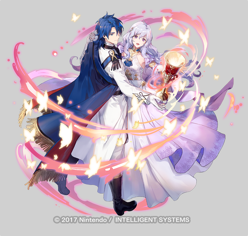 1boy 1girl azu-taro blue_eyes blue_hair boots bug butterfly cape chalice closed_mouth couple cup deirdre_(fire_emblem) deirdre_(masquerade)_(fire_emblem) dress fire_emblem fire_emblem:_genealogy_of_the_holy_war fire_emblem_heroes floating floating_object full_body gloves glowing grey_background hand_grab hetero husband_and_wife insect knee_boots long_dress long_hair long_sleeves nintendo official_art open_mouth pants purple_eyes purple_hair short_hair sigurd_(fire_emblem) sigurd_(masquerade)_(fire_emblem) smile white_dress white_gloves