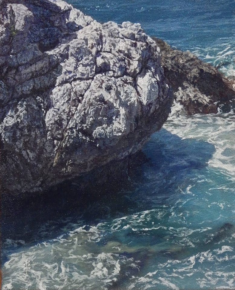 cliff day hashtag-only_commentary naohiro_ito no_humans ocean original painting_(medium) shadow shallow_water shore sunlight traditional_media water waves