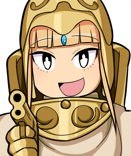1girl :d aiming aiming_at_viewer armor black_eyes blonde_hair blunt_bangs blush cloak commentary_request cosplay gold_armor gun handgun helmet holding holding_gun holding_weapon hospital_king katou_asuka kaze_no_tani_no_nausicaa kushana kushana_(cosplay) long_hair looking_at_viewer open_mouth portrait simple_background smile solo watashi_ga_motenai_no_wa_dou_kangaetemo_omaera_ga_warui! weapon white_background white_cloak