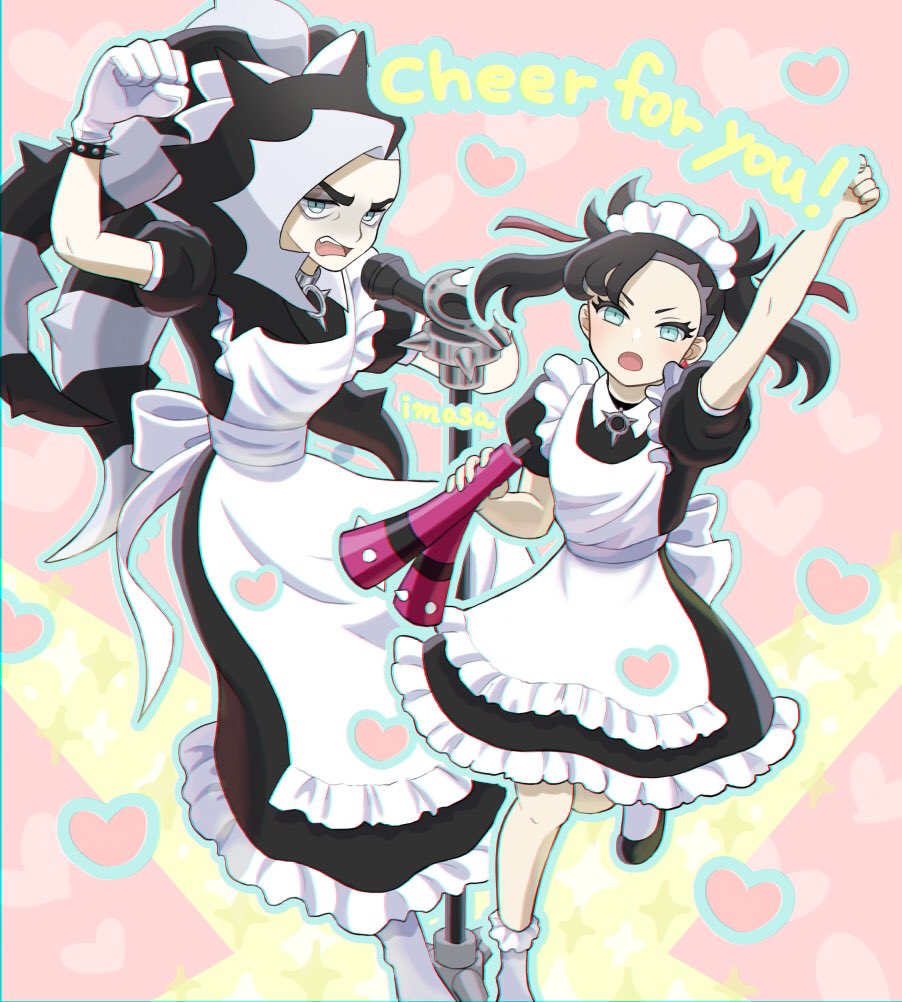 1boy 1girl alternate_costume apron arm_up asymmetrical_bangs black_dress black_footwear black_hair blush brother_and_sister commentary_request dress earrings enmaided eyeshadow green_eyes grey_eyeshadow hair_ribbon heart holding holding_microphone im_i_masa jewelry knees leg_up long_hair looking_at_viewer maid maid_headdress makeup marnie_(pokemon) microphone multicolored_hair nintendo open_mouth piers_(pokemon) pokemon pokemon_swsh red_ribbon ribbon shoes short_sleeves siblings socks team_yell teeth tongue two-tone_hair upper_teeth_only white_apron white_hair white_legwear