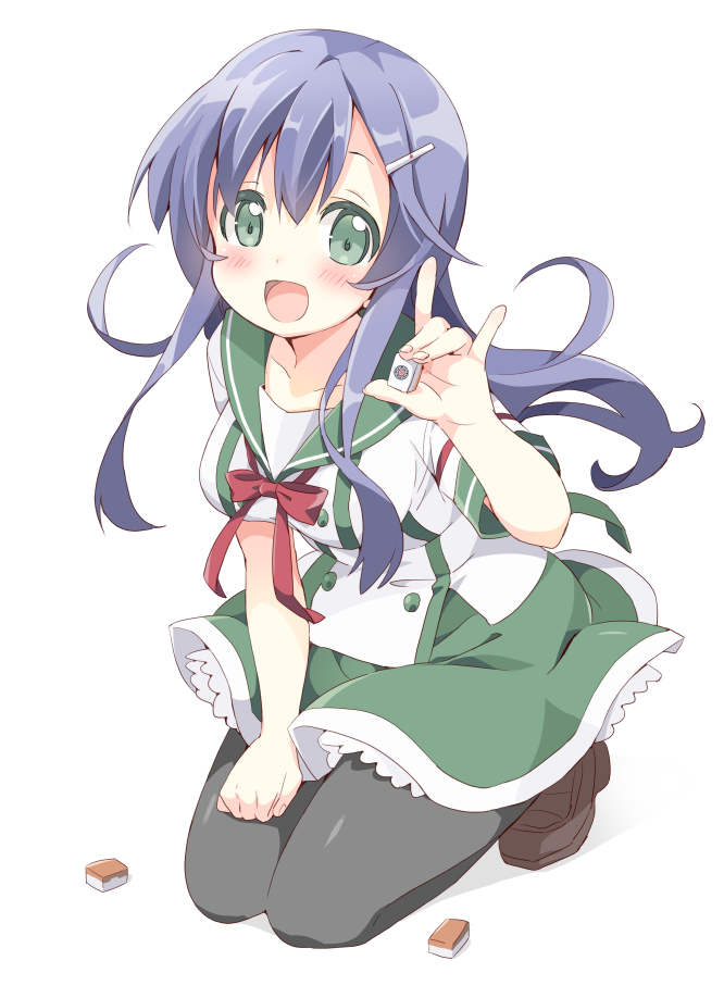 1girl :d bow bowtie breasts brown_shoes collarbone commentary_request full_body green_eyes green_sailor_collar green_skirt grey_pantyhose hair_ornament hairclip holding holding_mahjong_tile large_breasts loafers long_hair looking_at_viewer mahjong mahjong_tile neneko-n open_mouth original pantyhose purple_hair red_bow red_bowtie sailor_collar shirt shoes short_sleeves skirt smile solo white_background white_shirt