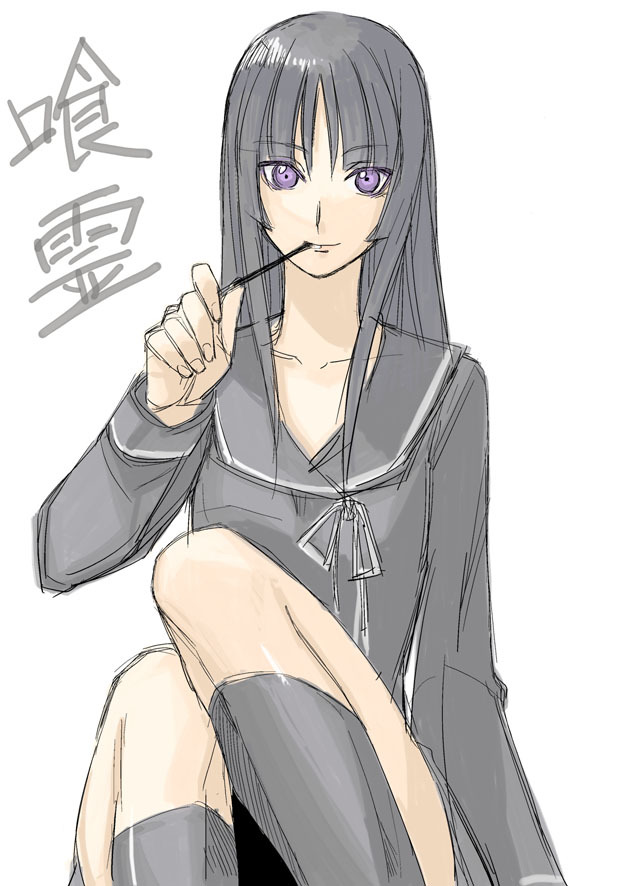 1girl black_serafuku closed_mouth female_focus fingernails ga-rei ga-rei_zero grey_hair grey_sailor_collar grey_shirt grey_socks isayama_yomi long_hair long_sleeves looking_at_viewer neck_ribbon purple_eyes ribbon sailor_collar school_uniform serafuku shirt simple_background sitting sketch smile socks solo tetsu_(kimuchi) white_background white_ribbon