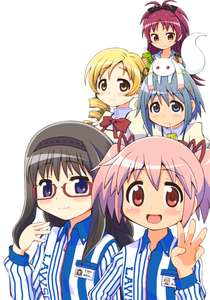 10s 5girls :3 akemi_homura animal animal_on_head black_hair blonde_hair blue_eyes blue_hair blush bow clerk drill_hair employee_uniform everyone glasses hair_ribbon id_card juice_box kaname_madoka kyubey lawson long_hair mahou_shoujo_madoka_magica mahou_shoujo_madoka_magica_(anime) miki_sayaka multiple_girls on_head pink_eyes pink_hair red-framed_eyewear red_eyes red_hair ribbon sakura_kyoko school_uniform short_hair tomoe_mami twin_drills twintails yuuki_akira