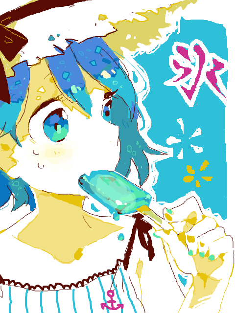 1girl alternate_costume alternate_headwear anchor_print aqua_nails armpit_crease bare_shoulders black_ribbon blue_background blue_eyes blue_hair border close-up collarbone dappled_sunlight eating fang food hair_between_eyes hand_up hat hat_ribbon holding holding_food holding_popsicle hot jaggy_lines looking_to_the_side melting multicolored_eyes nail_polish oekaki oimo_(14sainobba) outline popsicle remilia_scarlet ribbon rounded_corners shade short_hair skin_fang solo straw_hat striped summer sun_hat sunlight sweat tegaki touhou upper_body vertical_stripes white_border white_outline