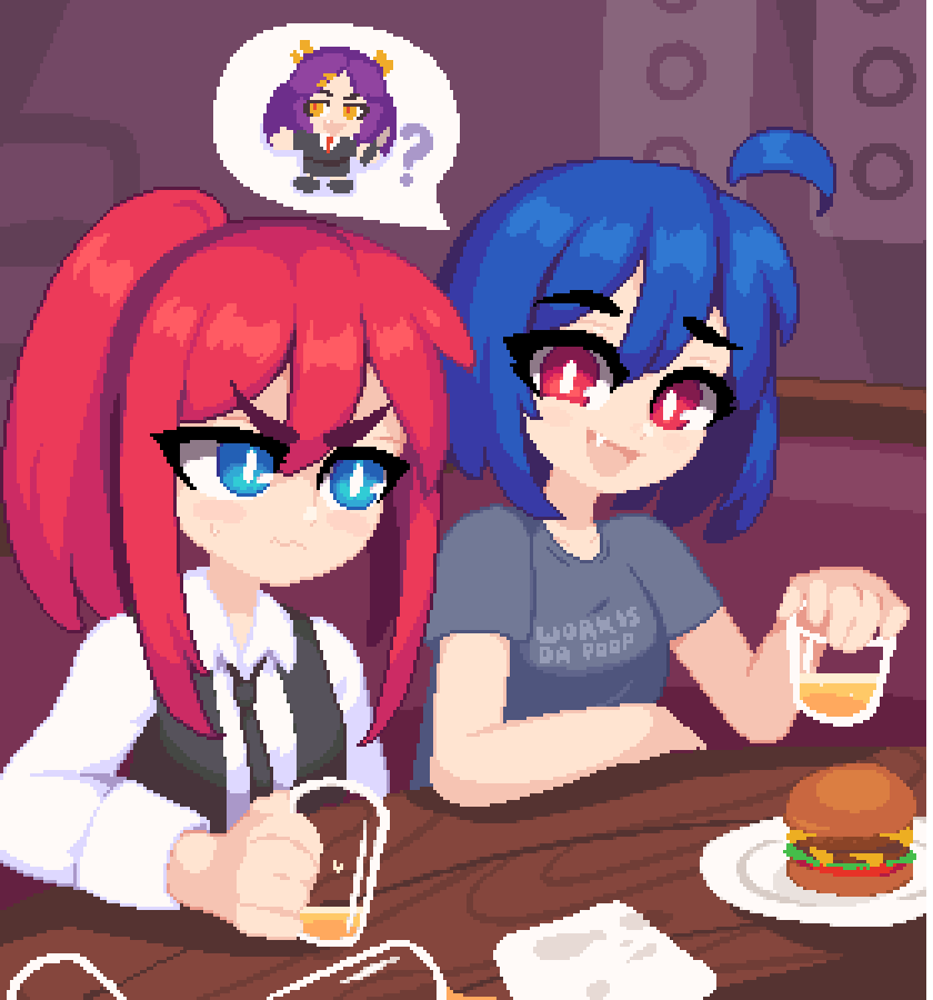 2girls :d ? ahoge alpha_transparency arm_on_table arm_support bar_(place) bare_arms black_necktie black_vest blue_eyes blue_hair blythe_(hcnone) bob_cut borrowed_character burger closed_mouth clothes_writing collarbone collared_shirt commentary counter cup detached_ahoge drinking_glass english_commentary english_text eyes_visible_through_hair facing_viewer fang floor food hair_between_eyes hana_(hcnone) hand_up holding holding_cup indoors light_blush looking_at_another medium_hair minimilieu multiple_girls necktie open_clothes open_mouth open_vest original pixel_art plate ponytail purple_background red_eyes red_hair shirt short_sleeves sidelocks skye_(hcnone) three-quarter_sleeves smile spoken_character spoken_question_mark sweatdrop t-shirt thick_eyebrows tongue upper_body v-shaped_eyebrows vest wall wavy_mouth white_shirt wing_collar
