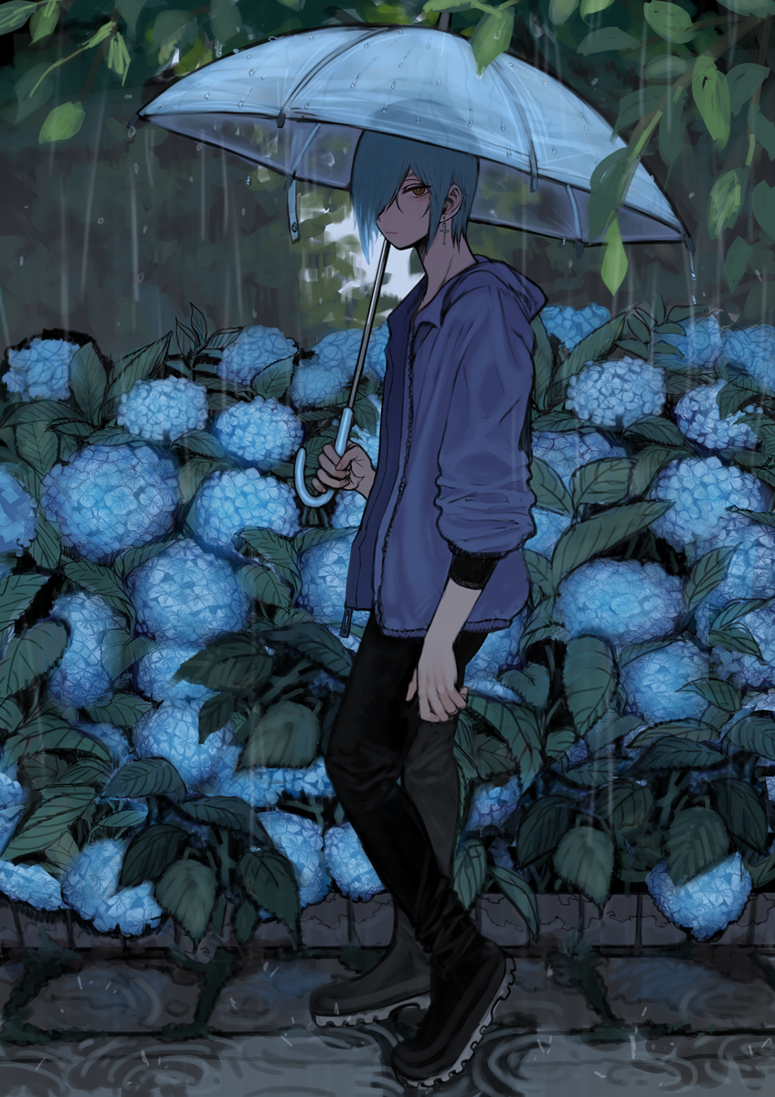 1boy 2n5 :| androgynous aqua_hair black_pants blue_flower borrowed_character brown_eyes closed_mouth cross cross_earrings earrings flower full_body highres holding holding_umbrella hydrangea jewelry leaf male_focus original pants rain solo transparent transparent_umbrella umbrella walking