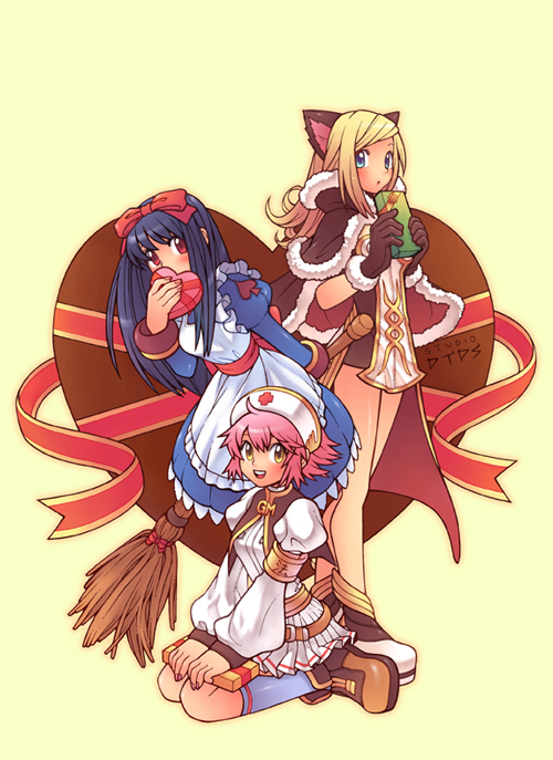2000s_(style) 3girls alice_(ragnarok_online) animal_ears apron bad_id black_hair blue_dress boots bow box breasts broom brown_cape brown_dress brown_footwear brown_gloves cape cat_ears cat_girl commentary_request copyright_notice cross dated_commentary dress full_body fur-trimmed_cape fur-trimmed_gloves fur_trim game_master_(ragnarok_online) gloves hair_bow hat heart-shaped_box high_wizard_(ragnarok_online) holding holding_broom juliet_sleeves korean_commentary layered_dress leaning_forward long_hair long_sleeves looking_at_viewer medium_breasts monster_gogo multiple_girls nurse_cap official_art open_mouth pink_hair puffy_long_sleeves puffy_sleeves ragnarok_online red_bow red_cross red_eyes seiza short_dress short_hair sitting smile swept_bangs two-tone_dress valentine white_apron white_dress white_footwear yellow_background
