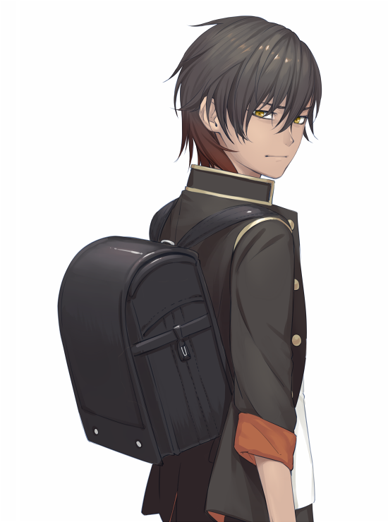 1boy aged_down backpack bag black_bag black_hair black_jacket brown_hair closed_mouth dark-skinned_male dark_skin from_behind jacket leuco looking_at_viewer looking_back male_focus multicolored_hair ookurikara open_clothes open_jacket randoseru school_bag shirt simple_background solo touken_ranbu upper_body white_background white_shirt yellow_eyes