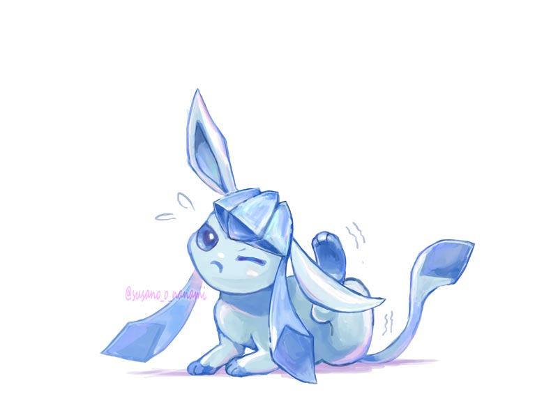 animal_focus blue_eyes closed_mouth commentary_request gen_4_pokemon glaceon lying nanami_lusia nintendo no_humans one_eye_closed pokemon pokemon_(creature) scratching_head simple_background solo twitter_username white_background