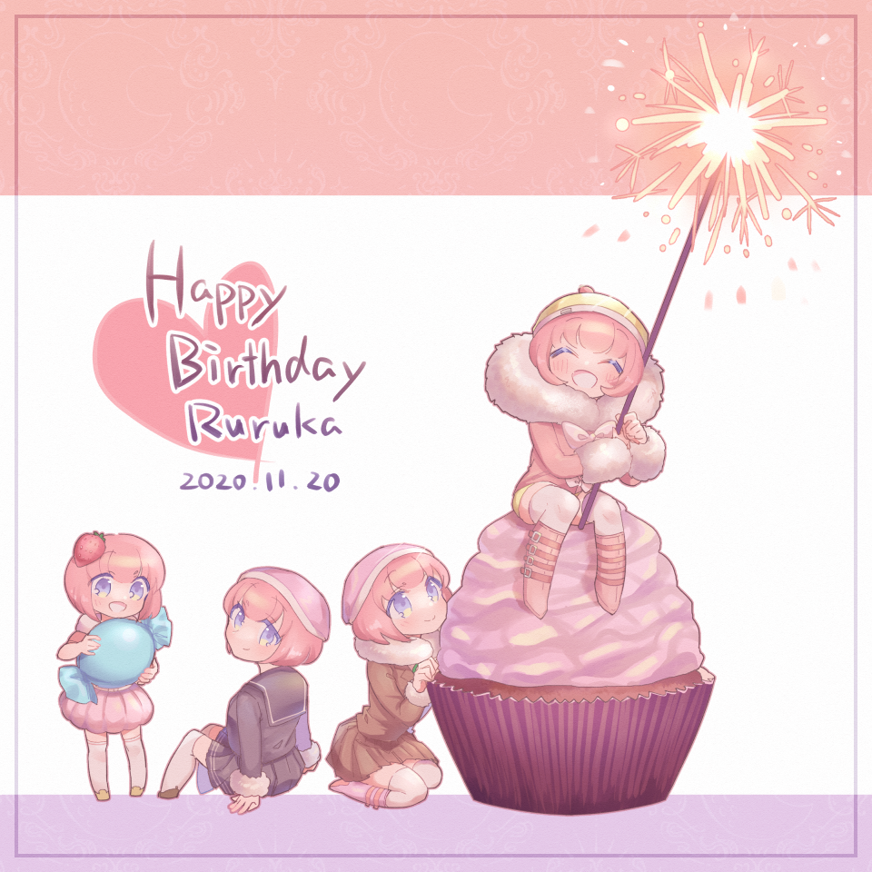 4girls :d ando_ruruka black_serafuku black_shirt boots brown_jacket brown_skirt candy chibi danganronpa_(series) danganronpa_3_(anime) dated food full_body fur-trimmed_jacket fur_collar fur_trim happy_birthday hope&#039;s_peak_academy_school_uniform jacket knee_boots kuzuhana multiple_girls multiple_persona multiple_views official_alternate_costume open_mouth pink_background pink_boots pleated_skirt school_uniform serafuku shirt short_hair sitting skirt smile standing white_background