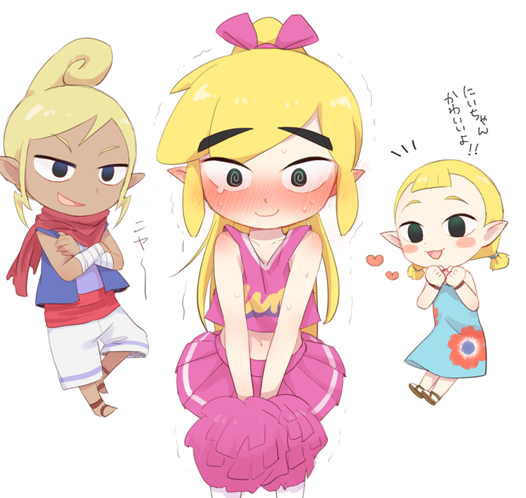 1boy 2girls @_@ alternate_costume artist_request aryll bandages black_eyes blonde_hair blue_dress blue_vest blush blush_stickers body_blush bow brown_footwear cheerleader cheerleader_link closed_mouth collarbone crop_top crossdressing crossed_arms dark-skinned_female dark_skin dress ear_blush embarrassed eyebrows floral_print hair_bow heart holding holding_pom_poms link long_hair looking_at_another looking_at_viewer low_twintails midriff multiple_girls navel nintendo open_clothes open_mouth open_vest pink_bow pink_skirt pleated_skirt pointy_ears pom_pom_(cheerleading) pom_poms ponytail red_neckwear sandals sidelocks simple_background skirt sleeveless smile standing sweat tetra the_legend_of_zelda the_legend_of_zelda:_the_wind_waker the_legend_of_zelda:_tri_force_heroes toon_link trap trembling twintails vest white_background