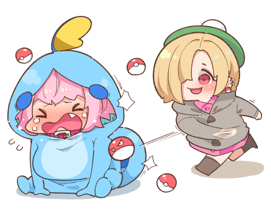 2girls blonde_hair blue_hair blush boots breasts chibi closed_eyes collar collared_dress commentary_request cosplay crossover crying dress ear_piercing earrings fang gen_1_pokemon gen_8_pokemon gloria_(pokemon) gloria_(pokemon)_(cosplay) green_headwear grey_sweater hair_intakes hat hood hood_down hood_up hooded_sweater idolmaster idolmaster_cinderella_girls jewelry large_breasts leg_up long_sleeves looking_at_another motion_lines multicolored_hair multiple_girls nintendo nose_blush on_floor open_mouth piercing pink_collar pink_dress pink_hair poke_ball poke_ball_(basic) poke_ball_earrings pokemon pokemon_swsh red_eyes shadow shirasaka_koume simple_background sitting smile sobble sobble_(cosplay) spread_legs standing standing_on_one_leg sweater takato_kurosuke tears throwing throwing_poke_ball two-tone_hair voltorb wavy_mouth white_background yumemi_riamu