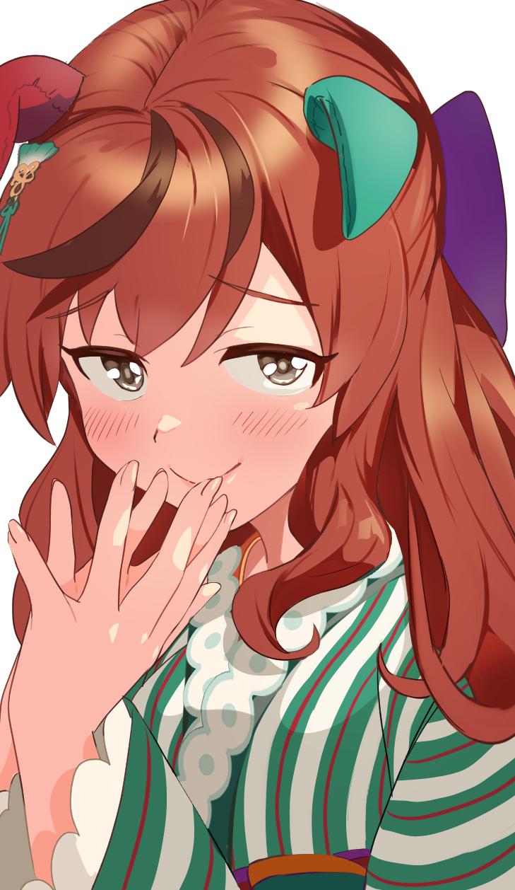 1girl animal_ears brown_eyes closed_mouth commentary_request ear_covers ears_down floral_print hair_between_eyes hair_ornament highres horse_ears horse_girl japanese_clothes kimono long_hair long_sleeves looking_at_viewer momohara_rei multicolored_hair nice_nature_(converging_wishes)_(umamusume) nice_nature_(umamusume) obi official_alternate_costume official_alternate_hairstyle sash simple_background smile solo streaked_hair striped_clothes striped_kimono umamusume upper_body white_background