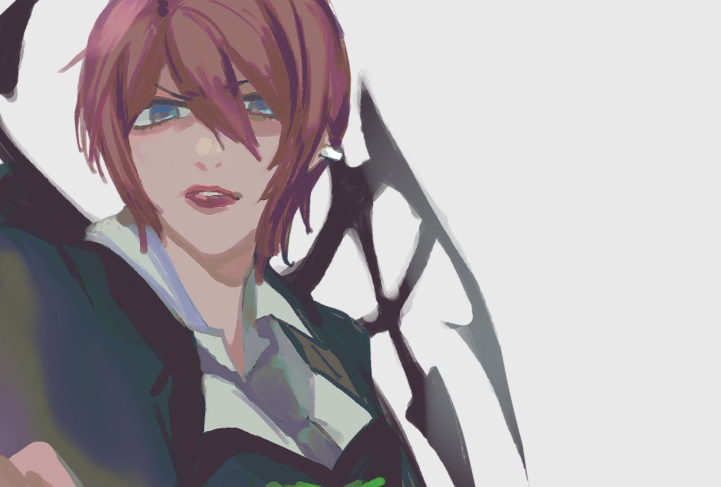 1girl black_suit black_wings blue_eyes collared_shirt corset ear_piercing female_focus formal_clothes lipstick looking_at_viewer makeup necktie piercing pink_hair red_lips shin_subarashiki_kono_sekai shirt short_hair solo spiked_wings subarashiki_kono_sekai suit upper_body white_shirt wings yashiro_uzuki