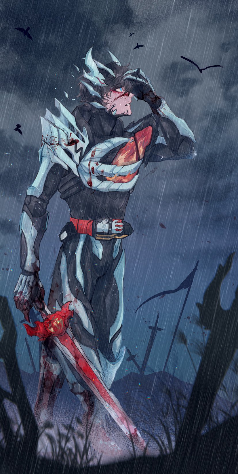 1boy adapted_costume after_battle armor asymmetrical_armor battlefield black_gloves black_hair blue_eyes bone bone_armor brave_dragon dragon dragon_boy dragon_horns fantasy gloves glowing helmet highres holding holding_sword holding_weapon horns kaenken_rekka kamen_rider kamen_rider_saber kamen_rider_saber_(series) kamen_rider_saber_primitive_dragon_brave_dragon kamiyama_touma knight male_focus meowq rain rider_belt scar scar_on_face solo sword tokusatsu weapon wonder_ride_book