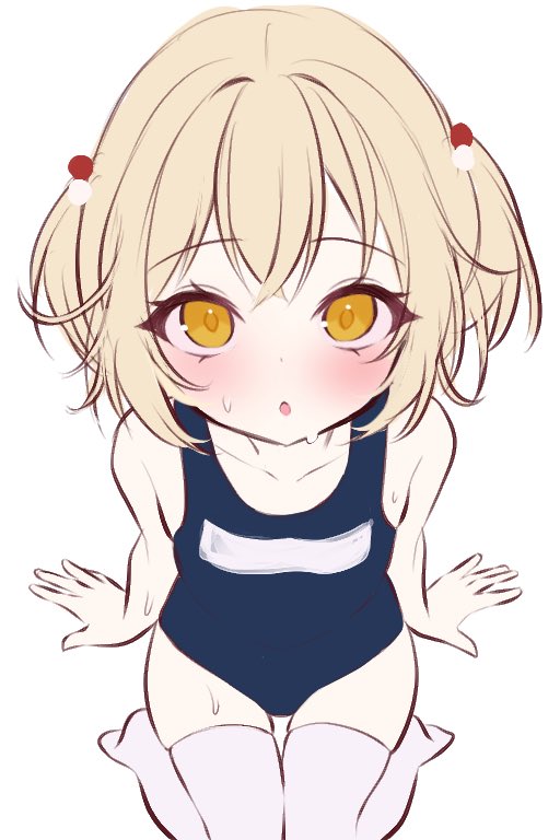 1girl bare_shoulders blonde_hair blue_one-piece_swimsuit collarbone flat_chest from_above genmai_komeko goddess_of_victory:_nikke liter_(guardfish)_(nikke) liter_(nikke) looking_at_viewer one-piece_swimsuit short_hair short_twintails sitting solo sweat swimsuit thighhighs twintails white_thighhighs yellow_eyes
