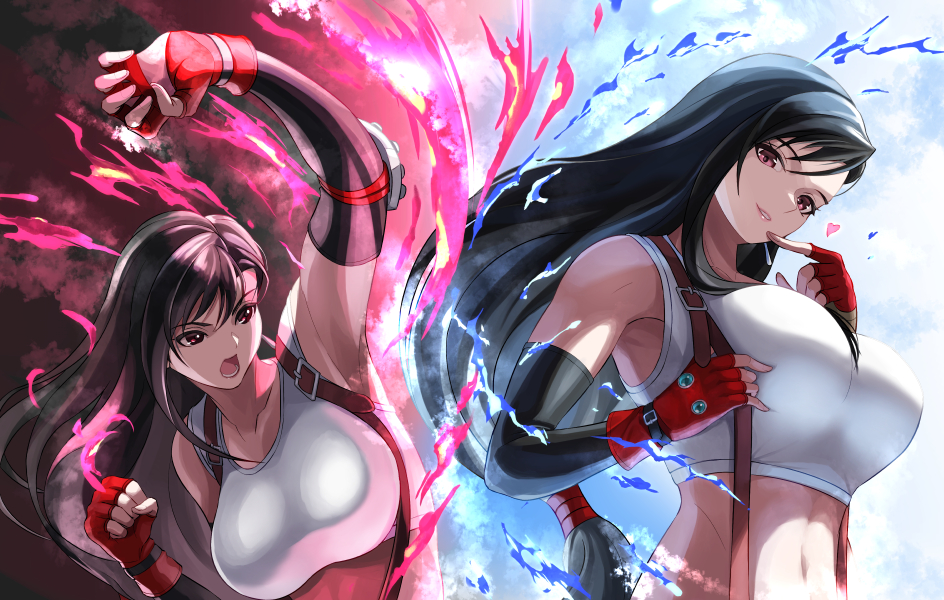1girl black_hair breasts ema_(emaura) final_fantasy final_fantasy_vii gloves huge_breasts long_hair red_gloves solo square_enix suspenders tank_top tifa_lockhart upper_body white_tank_top