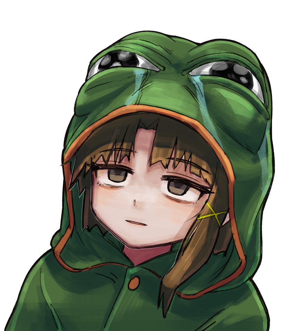 1girl animal_costume boy&#039;s_club brown_eyes brown_hair frog_costume hair_ornament half-closed_eyes iwakura_lain parted_lips pepe_the_frog serial_experiments_lain simple_background single_sidelock solo upper_body white_background x_hair_ornament yuroroo