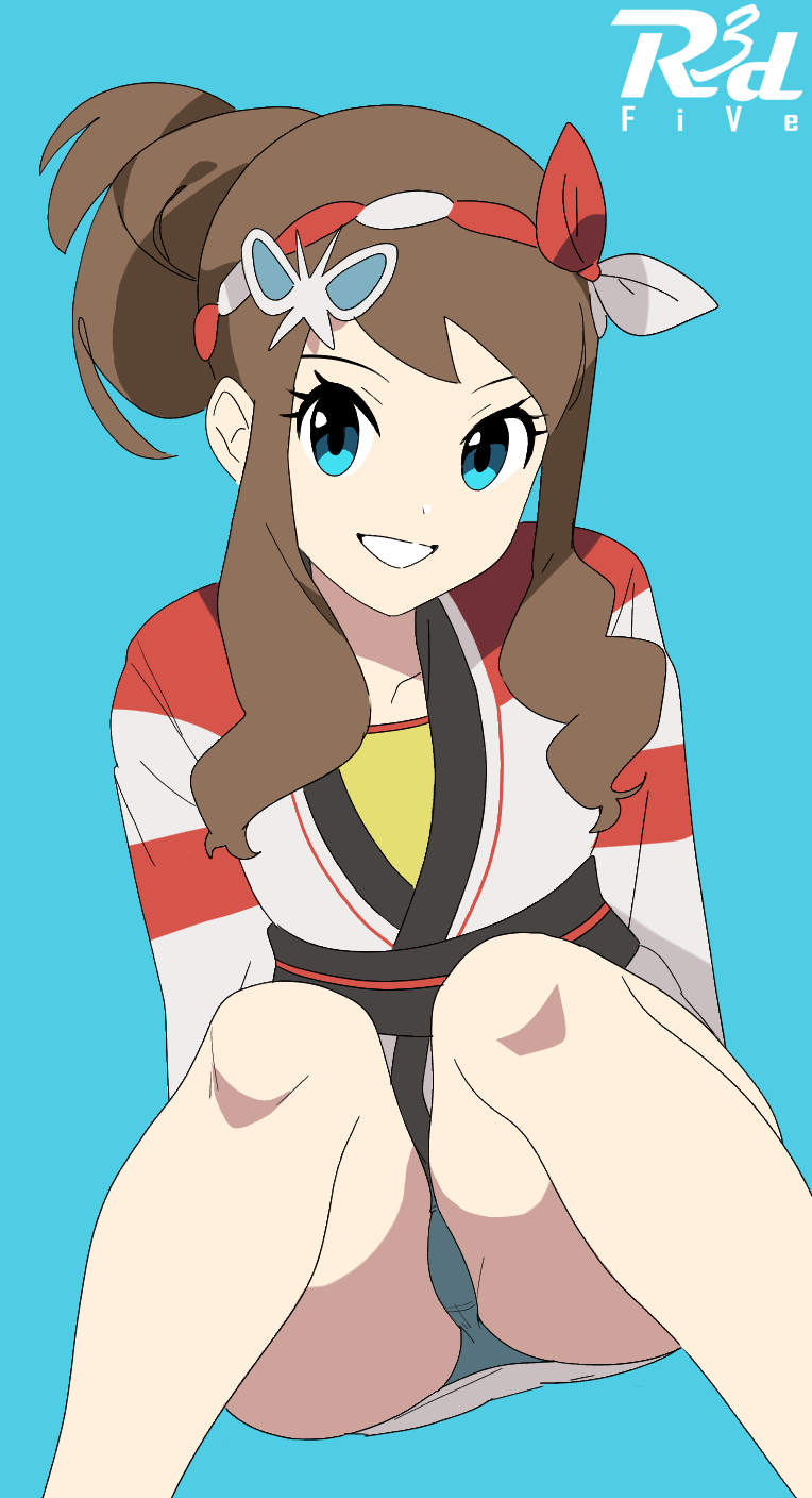 1girl aqua_panties artist_name ass blue_background blue_eyes brown_hair commentary_request creatures_(company) eyelashes game_freak grin hairband happy highres hilda_(pokemon) hilda_(summer_2022)_(pokemon) jacket japanese_clothes knees looking_at_viewer nintendo official_alternate_costume panties pokemon pokemon_masters_ex r3dfive shirt sidelocks simple_background skirt smile solo teeth underwear white_skirt wide_hips yellow_shirt
