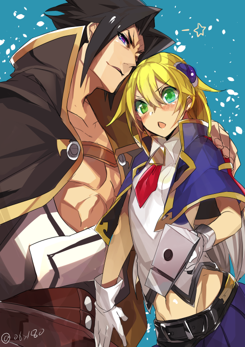 1boy 1girl :o bad_id bad_pixiv_id belt black_hair blazblue blazblue:_chronophantasma blonde_hair blue_background blue_skirt bolverk cowboy_shot forked_eyebrows green_eyes gun hand_on_another&#039;s_shoulder hyakuhachi_(over3) kagura_mutsuki long_hair looking_at_viewer noel_vermillion purple_eyes shawl skirt smile spiked_hair twitter_username weapon