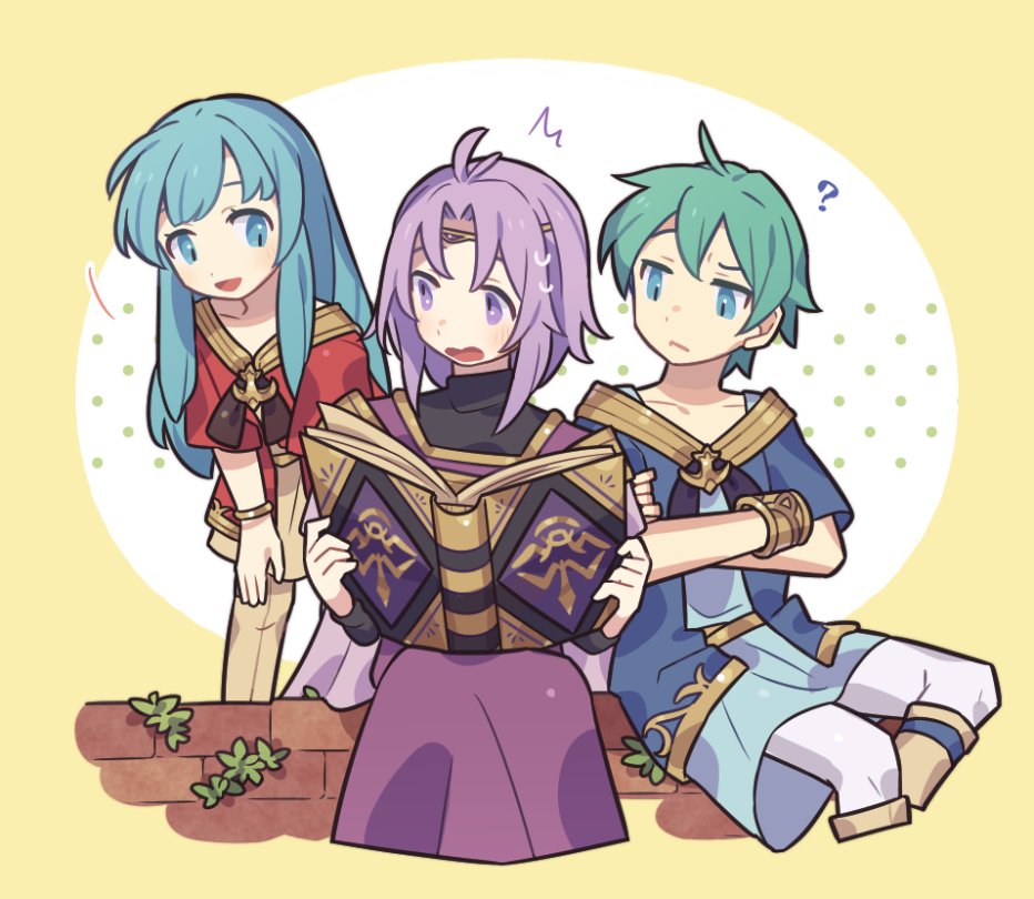 1girl 2boys ? aged_down aqua_hair blue_eyes blue_hair book border circlet cropped_legs crossed_arms eirika_(fire_emblem) ephraim_(fire_emblem) fire_emblem fire_emblem:_the_sacred_stones gold_trim haconeri holding holding_book long_hair lyon_(fire_emblem) multiple_boys nintendo open_book open_mouth purple_eyes purple_hair round_border smile wavy_mouth yellow_border