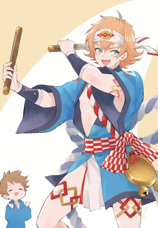 2boys arm_guards blue_eyes brown_hair cosplay cowboy_shot drum_master_(granblue_fantasy) closed_eyes feather_(granblue_fantasy) fighter_(granblue_fantasy) flipped_hair gran_(granblue_fantasy) gran_(granblue_fantasy)_(cosplay) granblue_fantasy gucha_(netsu) hachimaki headband hood hoodie japanese_clothes looking_at_viewer male_focus multiple_boys orange_hair smile taiko_sticks