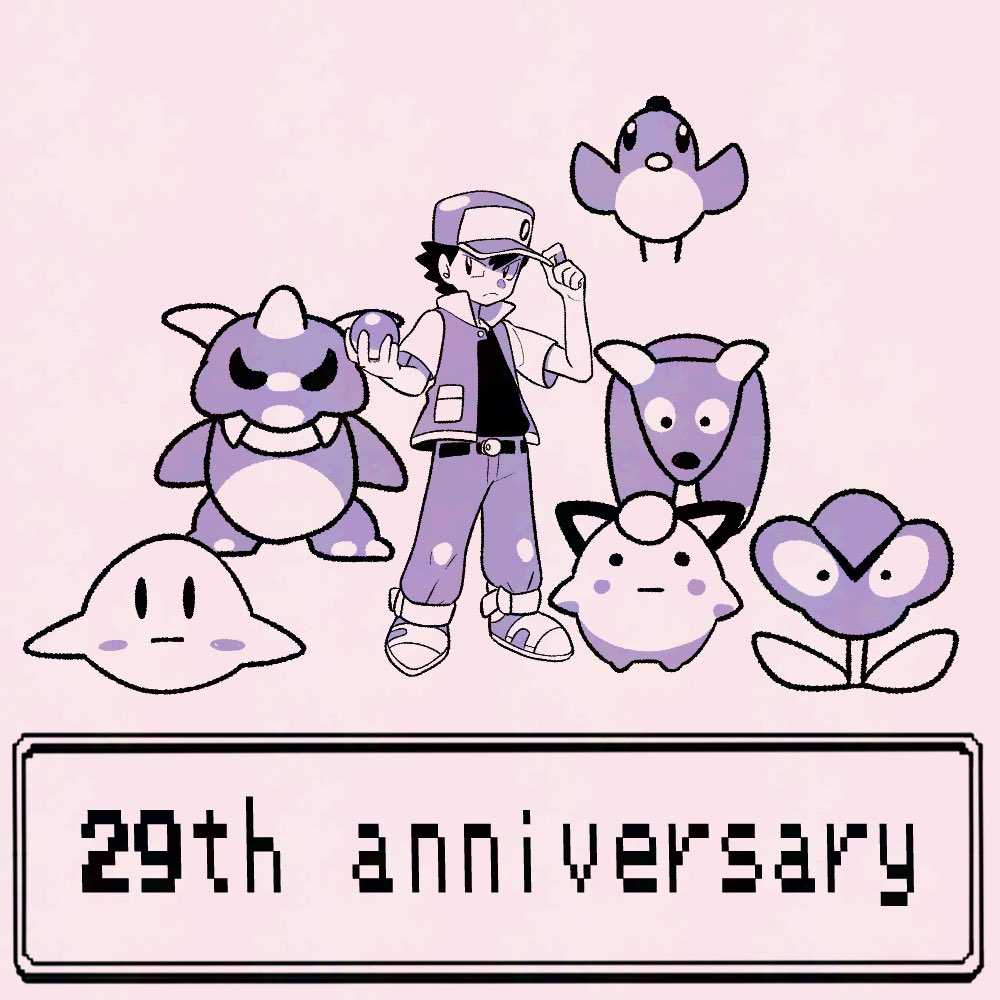 1boy anniversary belt belt_buckle buckle closed_mouth commentary_request hand_on_headwear hat holding holding_poke_ball jacket male_focus monochrome nintendo open_clothes open_jacket pants poke_ball poke_ball_(basic) pokemon pokemon_rgby red_(pokemon) shirt shoes short_hair standing surf_sprite_(pokemon) tyako_089