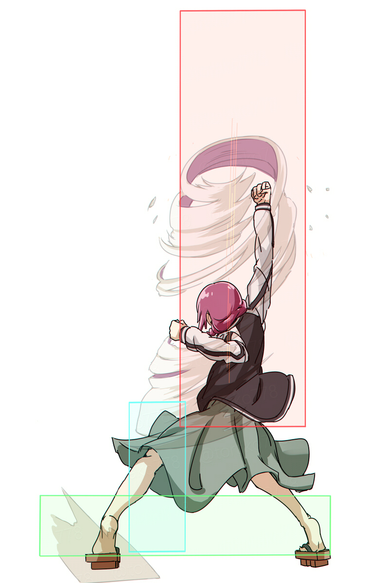 1girl arm_up black_jacket bocchi_the_rock! clenched_hands dress fighting_game from_behind full_body geta green_dress guilty_gear hair_over_shoulder highres hiroi_kikuri hitbox jacket legs_apart long_hair long_sleeves low-braided_long_hair low-tied_long_hair medium_dress multicolored_jacket pink_hair simple_background slayer_(guilty_gear) solo standing tiptoes torako_(toramaru) twitter_username two-tone_jacket uppercut watermark white_background white_jacket