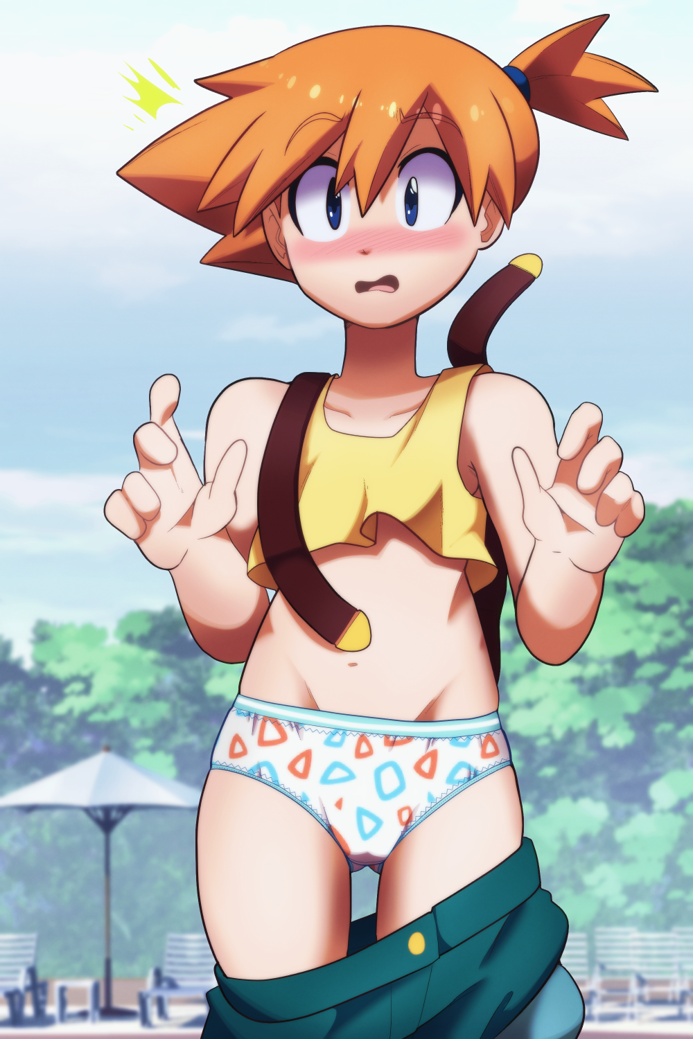 dress embarrassed euf-dreamer highres misty_(pokemon) nintendo panties pantsed pokemon pokemon_(anime) pokemon_(classic_anime) print_dress shorts_down underwear