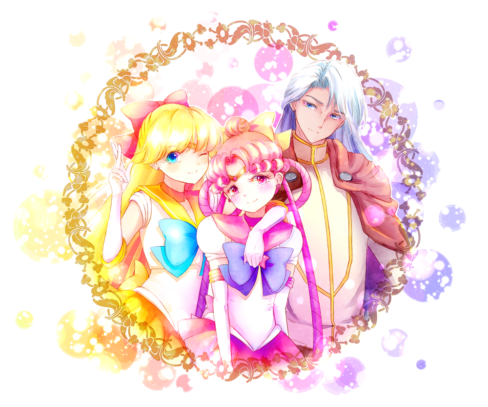 1990s_(style) 1boy 2girls aino_minako bishoujo_senshi_sailor_moon bishoujo_senshi_sailor_moon_(first_season) bishoujo_senshi_sailor_moon_stars bishoujo_senshi_sailor_moon_supers blonde_hair blue_eyes bow brooch cape cerecere_(sailor_moon) elbow_gloves gloves hair_bun hair_ribbon hair_rings half_updo jewelry kunzite_(sailor_moon) long_hair magical_boy multiple_girls one_eye_closed pink_hair pleated_skirt red_bow retro_artstyle ribbon sailor_ceres sailor_collar sailor_senshi sailor_venus single_hair_bun skirt smile star_brooch tiara torao_(torakmn) white_gloves white_hair wink yellow_bow