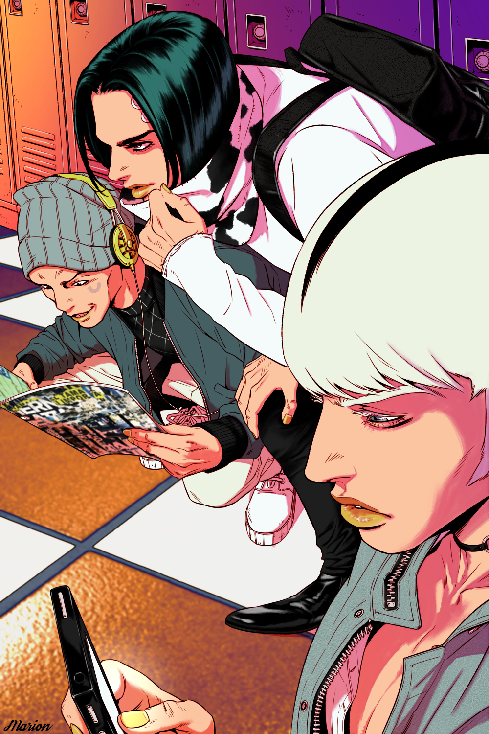 3boys animal_print backpack bad_id bad_pixiv_id bag black_eyes black_hair blue_eyes brothers cow_print donatello_versus facial_mark grey_hair hat headphones highres jojo_no_kimyou_na_bouken locker long_sleeves magazine_(object) marion-ville multicolored_hair multiple_boys reading rikiel siblings sleeves_past_wrists smile sneaks squatting stone_ocean two-tone_hair ungaro yellow_lips