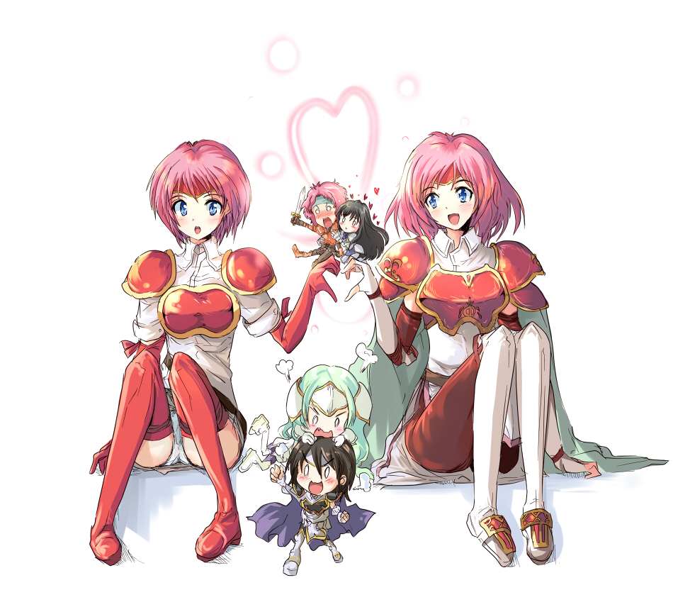 1boy 5girls :d armor astrid_(fire_emblem) bad_id bad_pixiv_id black_hair blue_eyes blush breastplate cape chibi chibi_inset dual_persona echizen_(hvcv) elbow_gloves fire_emblem fire_emblem:_path_of_radiance fire_emblem:_radiant_dawn gloves headband heart long_hair makalov_(fire_emblem) marcia_(fire_emblem) multiple_girls nintendo open_mouth panties pantyshot pegasus_knight_uniform_(fire_emblem) pink_hair short_hair sigrun_(fire_emblem) simple_background sitting smile tanith_(fire_emblem) thighhighs underwear white_background white_panties