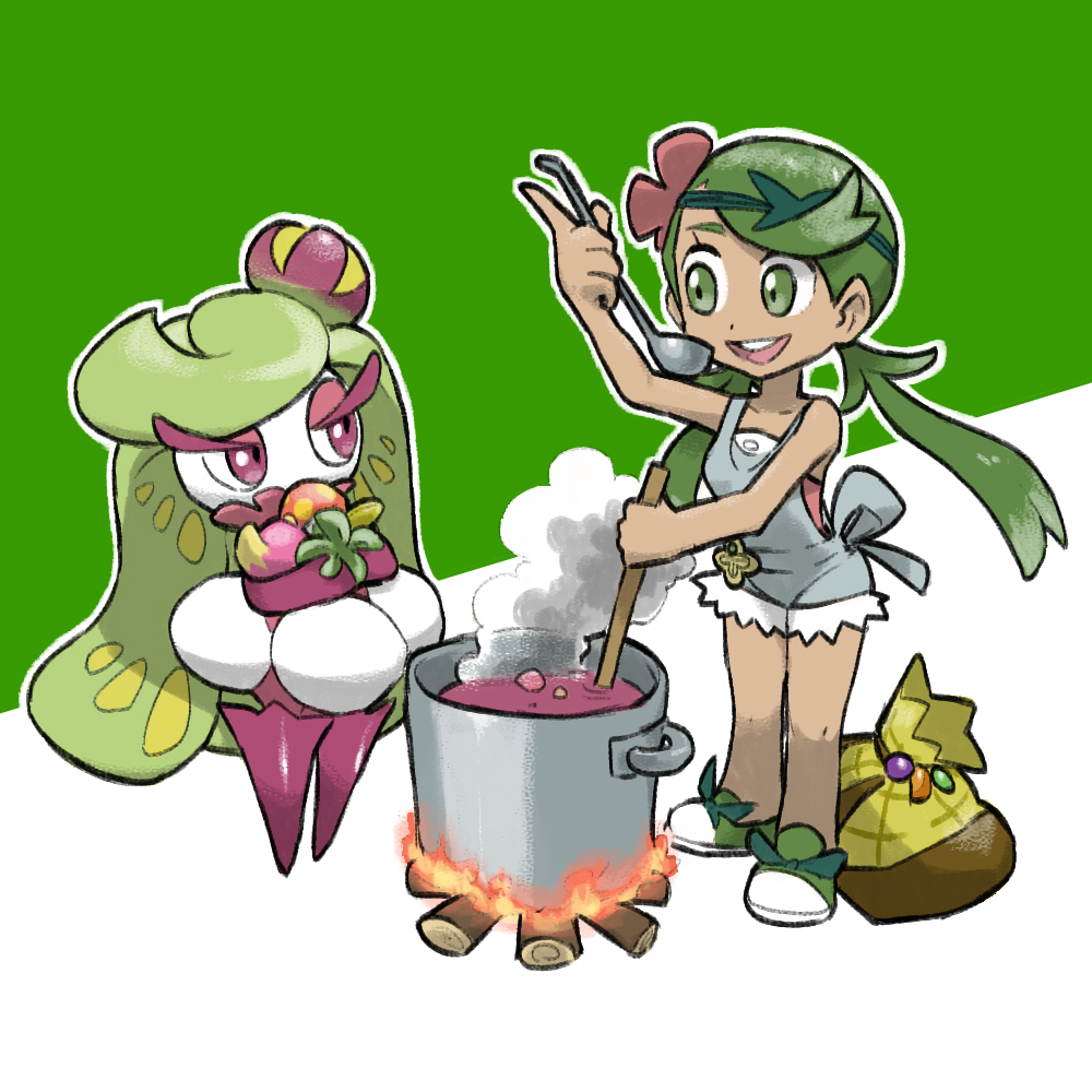 1girl :d berry_(pokemon) blacknirrow colored_eyelashes cooking cooking_pot eyelashes fire firewood flower forage_bag_(pokemon) full_body gen_7_pokemon green_eyes green_footwear green_hair grey_overalls hair_flower hair_ornament holding holding_ladle holding_mushroom ladle long_hair mago_berry mallow_(pokemon) miracle_seed mushroom nintendo open_mouth outline overalls pink_eyes pink_flower pokemon pokemon_(creature) pokemon_sm revival_herb shoes simple_background smile standing steam stirring teeth tiny_mushroom_(pokemon) tsareena twintails two-tone_background upper_teeth_only white_outline yellow_bag