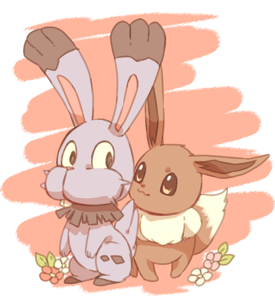 :3 brown_background brown_eyes bunnelby creature eevee eye_contact flower full_body gen_1_pokemon gen_6_pokemon looking_at_another mizuto_(o96ap) nintendo no_humans pokemon pokemon_(creature) rabbit standing