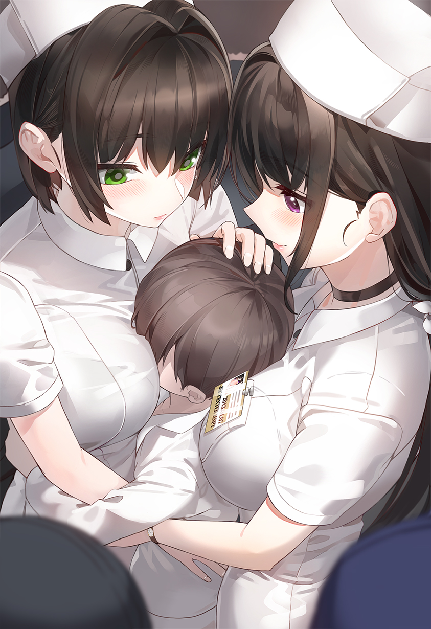 1boy 2girls between_breasts black_choker blush bra_visible_through_clothes breast_pocket breast_smother breasts brown_hair child choker commentary_request cooperative_breast_smother eyebrows_hidden_by_hair face_to_breasts faceless faceless_male from_above green_eyes hair_between_eyes hair_intakes hair_ornament hand_on_another&#039;s_head hat head_between_breasts highres hug id_card kfr large_breasts long_hair looking_at_another multiple_breast_smother multiple_girls nurse nurse_cap original pocket purple_eyes sandwiched see-through_clothes shirt short_hair short_sleeves sidelocks sweatdrop teamwork_(sexual) watch white_shirt wristwatch