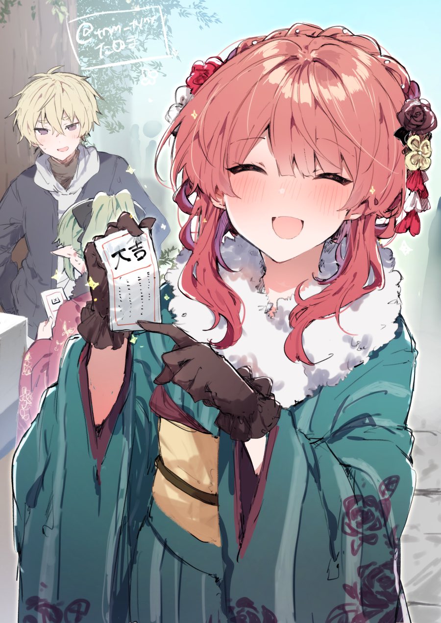1boy 2girls anna_(ikeuchi_tanuma) black_gloves blonde_hair blush bow braid brown_eyes closed_eyes cowboy_shot flower gloves green_hair hair_bow hair_flower hair_ornament highres ikeuchi_tanuma japanese_clothes kimono looking_at_another looking_at_viewer multiple_girls obi omikuji open_mouth original outdoors pointing pointy_ears ponytail red_eyes rosette_(ikeuchi_tanuma) sash shrine smile tree